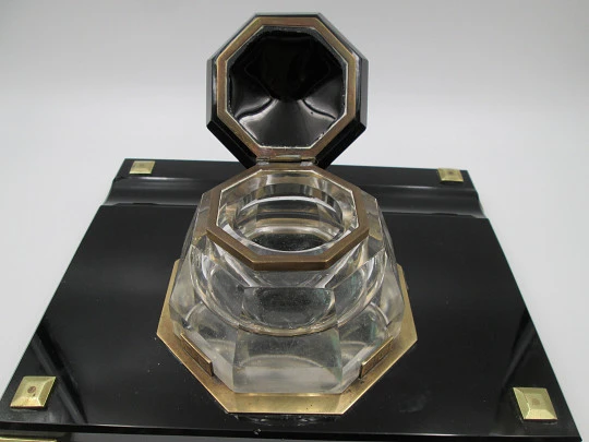 Table desk inkwell. Black crystal and bronze details. 1950's. Europe