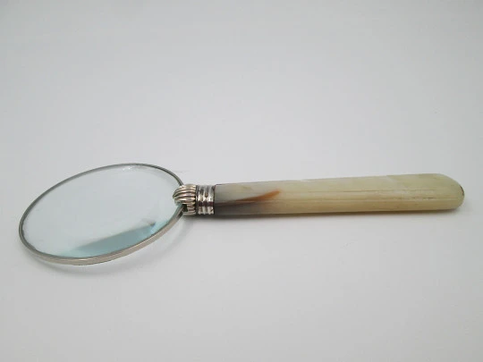 Table / desk magnifying glass. Sterling silver & iridescent nacre. Ribbed motifs