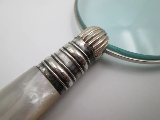 Table / desk magnifying glass. Sterling silver & iridescent nacre. Ribbed motifs