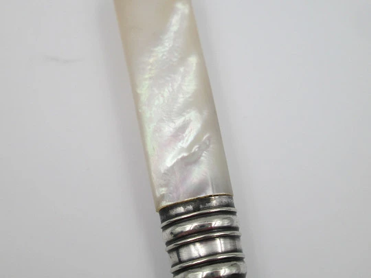 Table / desk magnifying glass. Sterling silver & iridescent nacre. Ribbed motifs