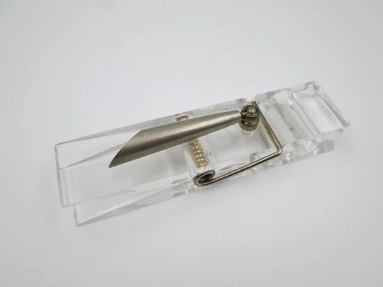 Table desk pen holder. Transparent plastic and silver plated metal. Papers clip. 1980's