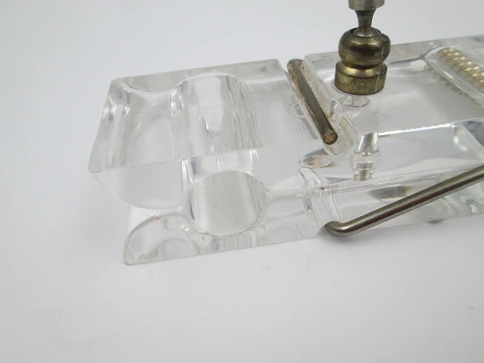 Table desk pen holder. Transparent plastic and silver plated metal. Papers clip. 1980's