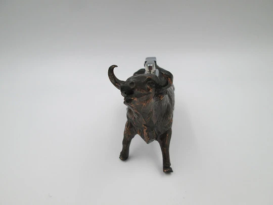 Table desk petrol lighter. Brave bull shape. Bronze and silver plated. Europe. 1970's