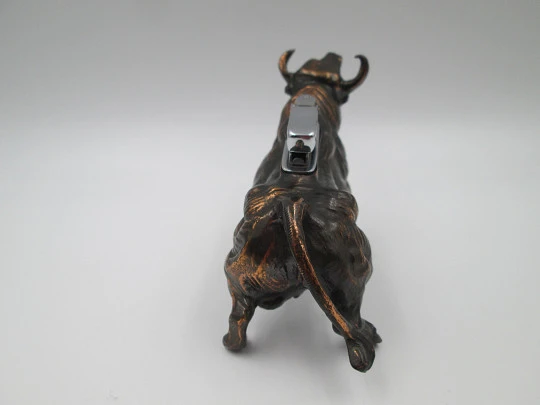 Table desk petrol lighter. Brave bull shape. Bronze and silver plated. Europe. 1970's