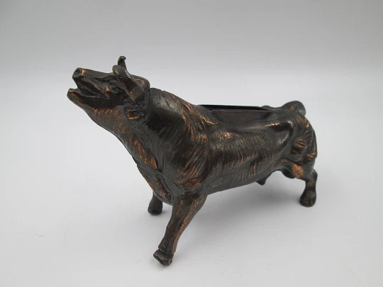 Table desk petrol lighter. Brave bull shape. Bronze and silver plated. Europe. 1970's