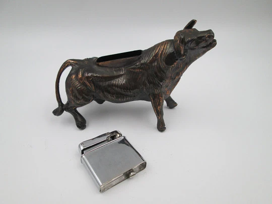 Table desk petrol lighter. Brave bull shape. Bronze and silver plated. Europe. 1970's