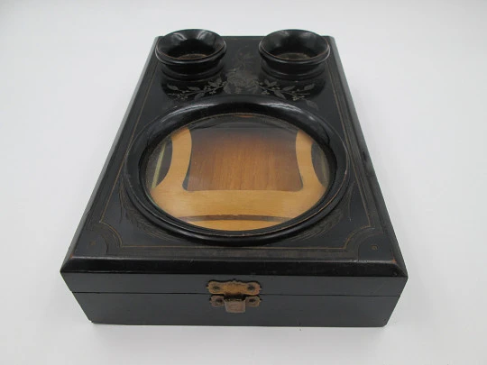 Table / desk stereoscope. Black lacquered wood and brass details. Europe. 1890's