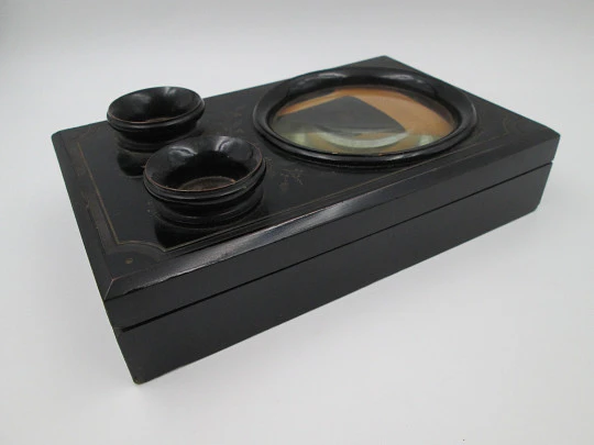 Table / desk stereoscope. Black lacquered wood and brass details. Europe. 1890's