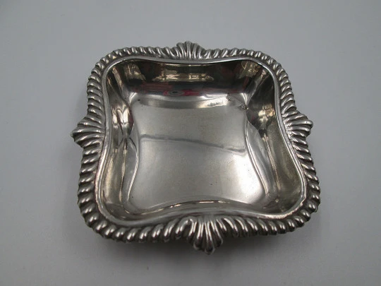 Table small square tray. 925 sterling silver. Ribbed design on edge. Spain. 1980's