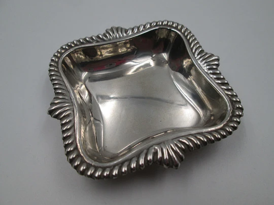 Table small square tray. 925 sterling silver. Ribbed design on edge. Spain. 1980's