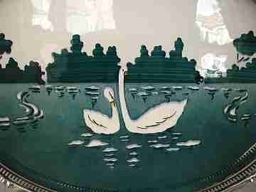 Table tray. Majolica pottery and silver metal. 1930's. Swans