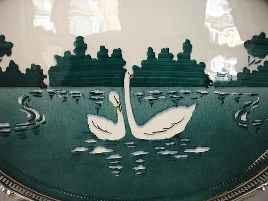 Table tray. Majolica pottery and silver metal. 1930's. Swans