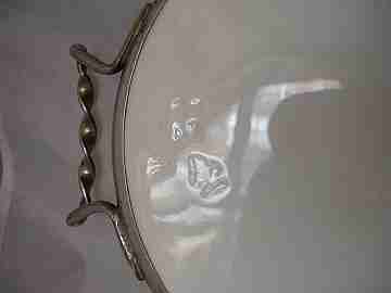 Table tray. Majolica pottery and silver metal. 1930's. Swans