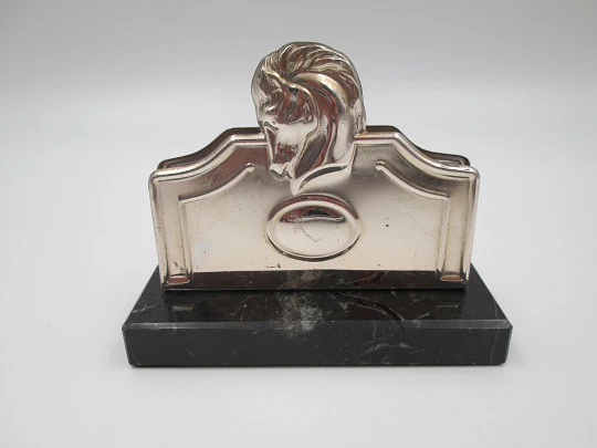 Tarjetero / portacartas Pedro Durán. Plata de ley y mármol. Motivo de caballo. 1980