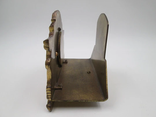 Tarjetero portapapeles de escritorio con reloj mecánico Dorex. Metal dorado. Suiza. 1960