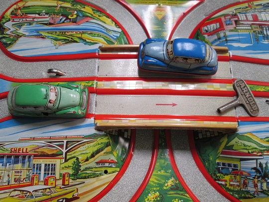 Technofix automatic track. Highway-Viaduct. Tinplate. 1960's. Cars. Box