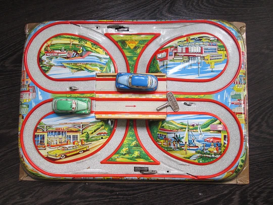 Technofix automatic track. Highway-Viaduct. Tinplate. 1960's. Cars. Box