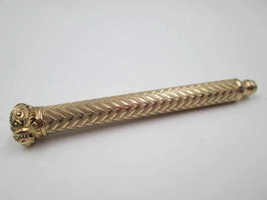 Telescopic propelling twist pencil. Gold plated. W.S. Hicks. 1900's. USA