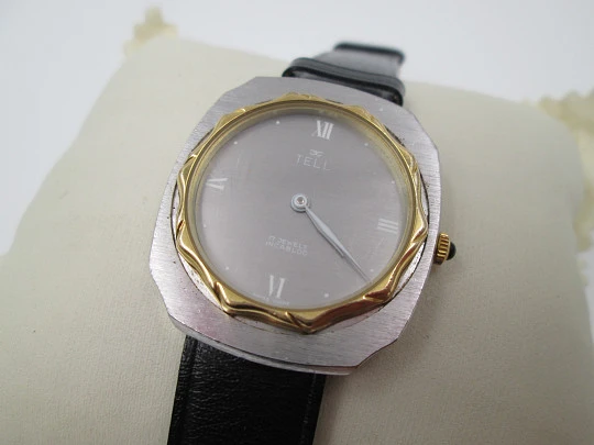 Tell. Satin metal and steel. Gold plated bezel. Manual wind. 1960's. Swiss