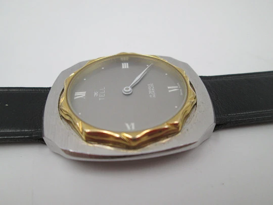 Tell. Satin metal and steel. Gold plated bezel. Manual wind. 1960's. Swiss