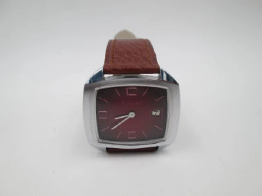 Thermidor manual wind watch. Calendar. Stainless steel. Red dial. Square case. 1970's