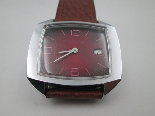 Thermidor manual wind watch. Calendar. Stainless steel. Red dial. Square case. 1970's