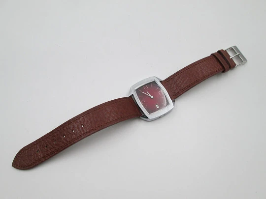 Thermidor manual wind watch. Calendar. Stainless steel. Red dial. Square case. 1970's