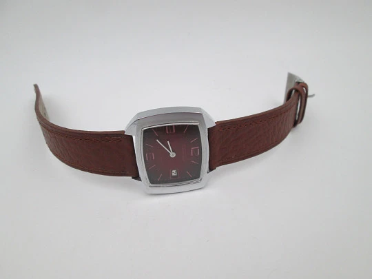 Thermidor manual wind watch. Calendar. Stainless steel. Red dial. Square case. 1970's