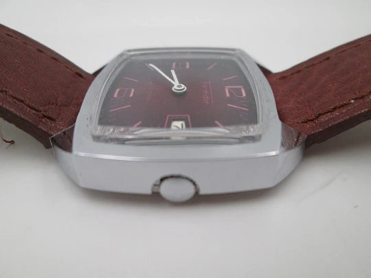 Thermidor manual wind watch. Calendar. Stainless steel. Red dial. Square case. 1970's