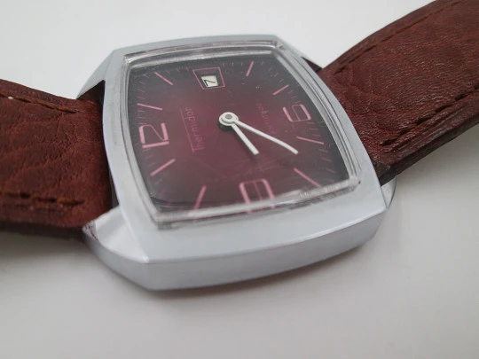 Thermidor manual wind watch. Calendar. Stainless steel. Red dial. Square case. 1970's