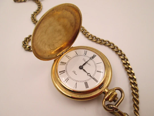 Thermidor París hunter-case pocket watch. Gold plated. Manual wind. Curb chain. 1980's