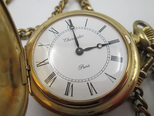 Thermidor París hunter-case pocket watch. Gold plated. Manual wind. Curb chain. 1980's