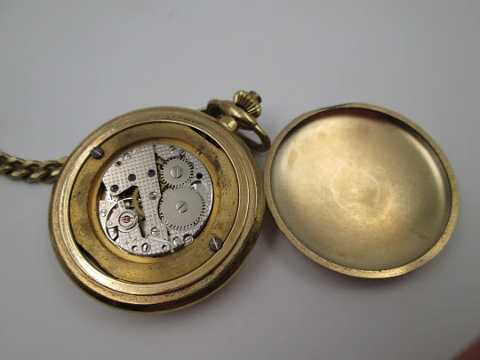 Thermidor París hunter-case pocket watch. Gold plated. Manual wind. Curb chain. 1980's