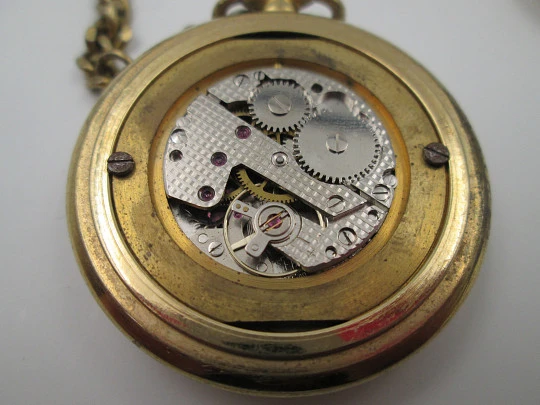 Thermidor París hunter-case pocket watch. Gold plated. Manual wind. Curb chain. 1980's