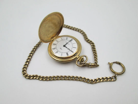 Thermidor París hunter-case pocket watch. Gold plated. Manual wind. Curb chain. 1980's