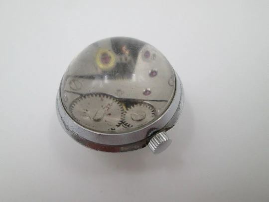 Thermidor transparent ball watch. Silver plated metal. 17 rubies. Stem-wind. 1970's