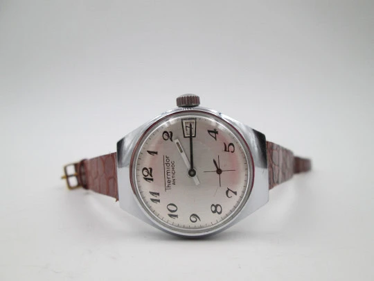 Thermidor women's watch. Manual wind. Calendar. Chromed metal & steel. Strap. 1960's