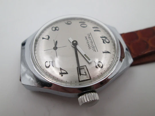 Thermidor women's watch. Manual wind. Calendar. Chromed metal & steel. Strap. 1960's