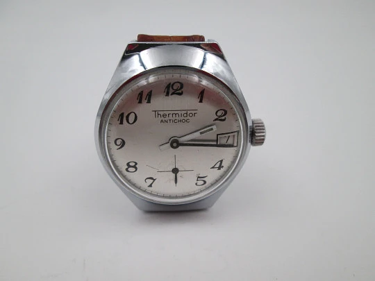 Thermidor women's watch. Manual wind. Calendar. Chromed metal & steel. Strap. 1960's