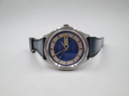 Thermidor. Automatic. Date & day. Stainless steel. Strap. 1970's. Blue dial