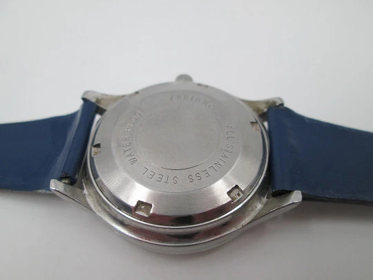 Thermidor. Automatic. Date & day. Stainless steel. Strap. 1970's. Blue dial