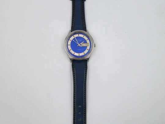 Thermidor. Automatic. Date & day. Stainless steel. Strap. 1970's. Blue dial