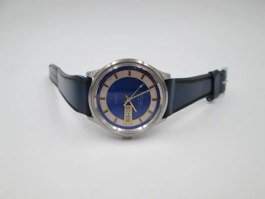 Thermidor. Automatic. Date & day. Stainless steel. Strap. 1970's. Blue dial