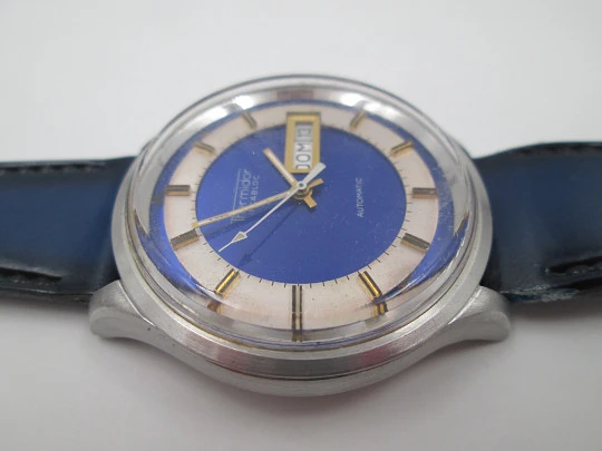 Thermidor. Automatic. Date & day. Stainless steel. Strap. 1970's. Blue dial