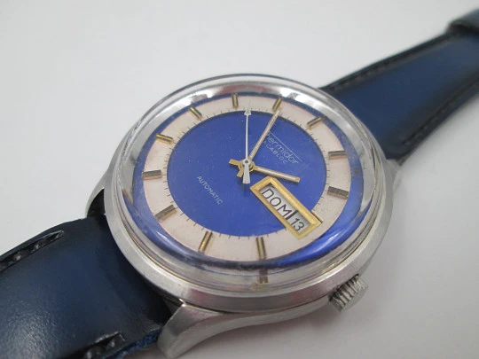 Thermidor. Automatic. Date & day. Stainless steel. Strap. 1970's. Blue dial