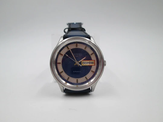 Thermidor. Automatic. Date & day. Stainless steel. Strap. 1970's. Blue dial