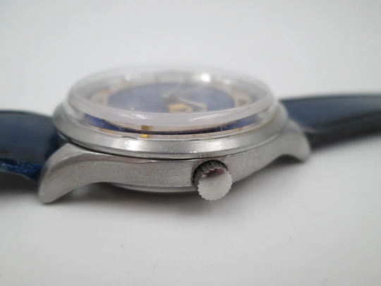 Thermidor. Automatic. Date & day. Stainless steel. Strap. 1970's. Blue dial
