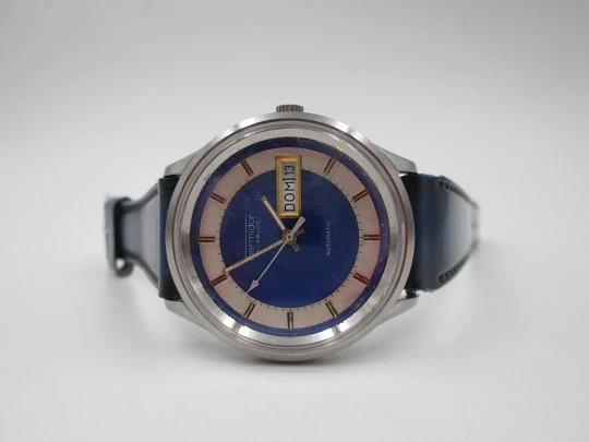 Thermidor. Automatic. Date & day. Stainless steel. Strap. 1970's. Blue dial