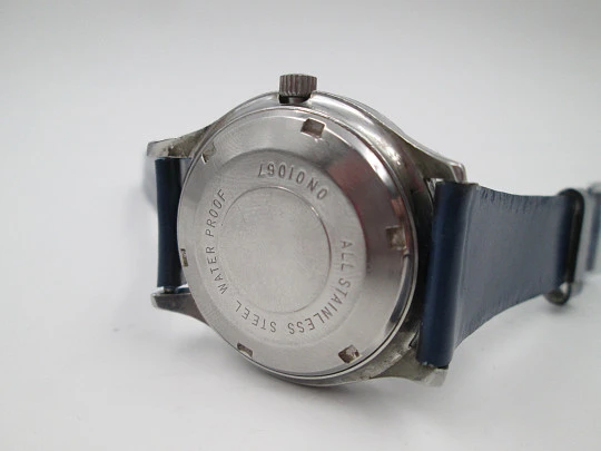 Thermidor. Automatic. Date & day. Stainless steel. Strap. 1970's. Blue dial