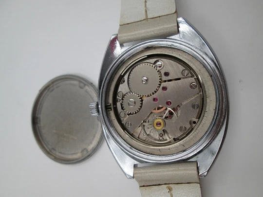 Thermidor. Jump Hours. Nickel plated metal & steel. Manual wind. Calendar. Bitone dial